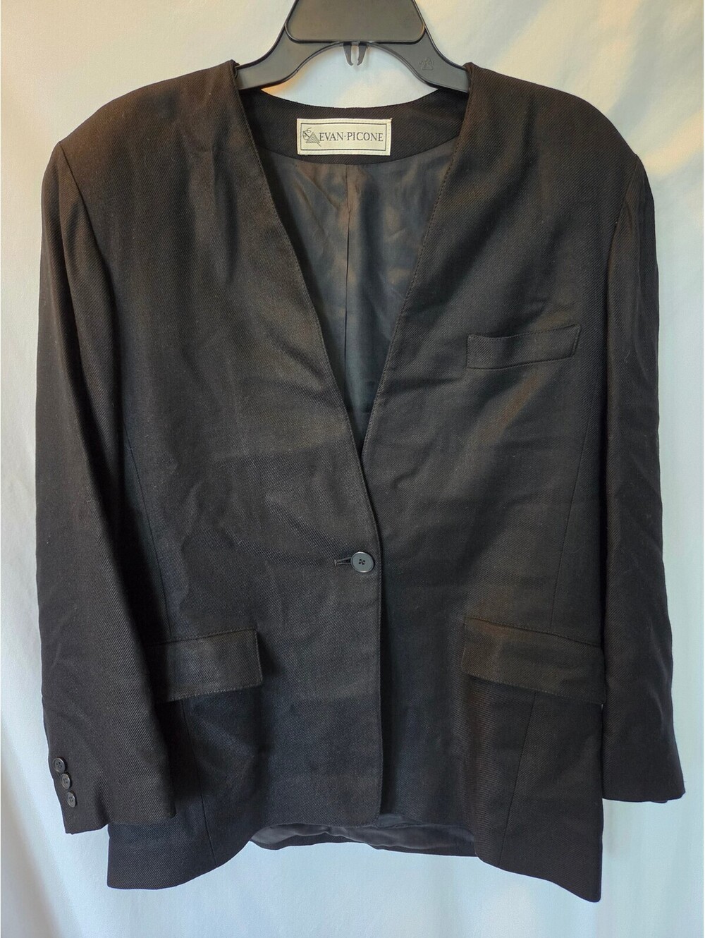 Vintage Evan Picone Black Blazer Jacket Women 12 ILGWU Union Made Collarless USA
